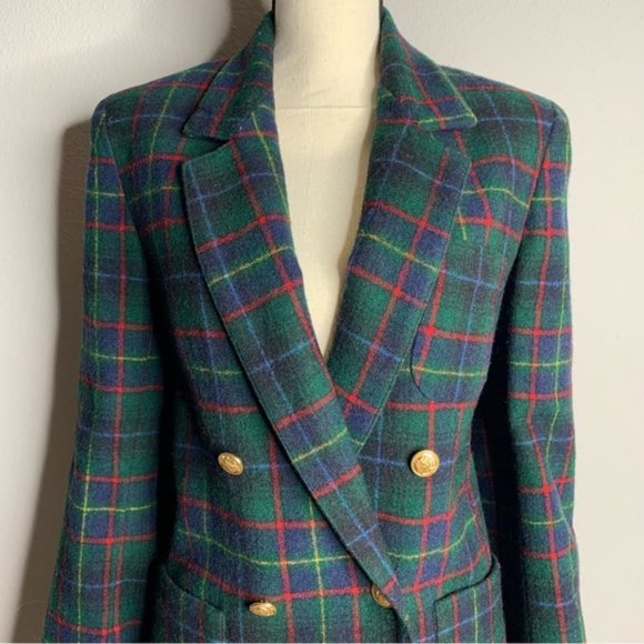 80s Vintage Wool Plaid Double Breasted Fitted Blazer